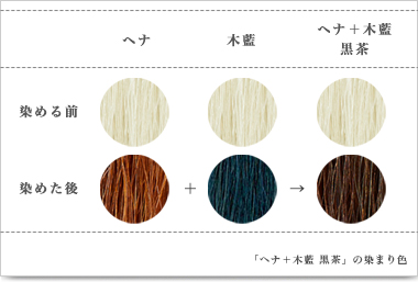 「ヘナ＋木藍 黒茶系」の染まり色